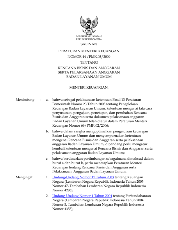 Peraturan Menteri Keuangan Nomor 44/PMK.05/2009