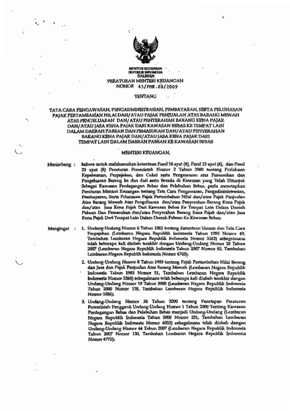 Peraturan Menteri Keuangan Nomor 45/PMK.03/2009