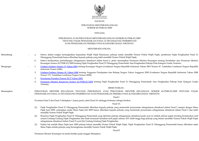 Peraturan Menteri Keuangan Nomor 49/PMK.03/2009