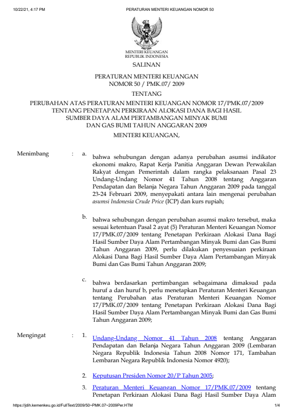 Peraturan Menteri Keuangan Nomor 50/PMK.07/2009