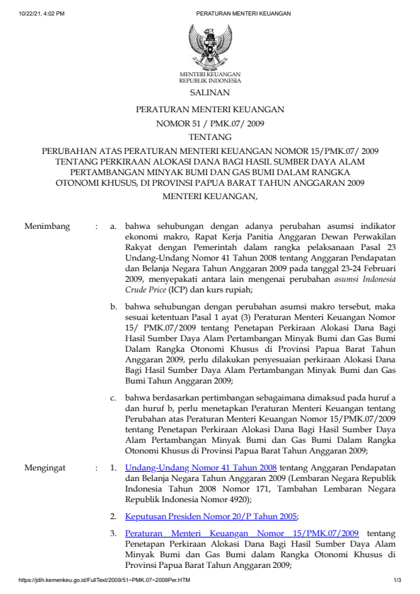 Peraturan Menteri Keuangan Nomor 51/PMK.07/2009