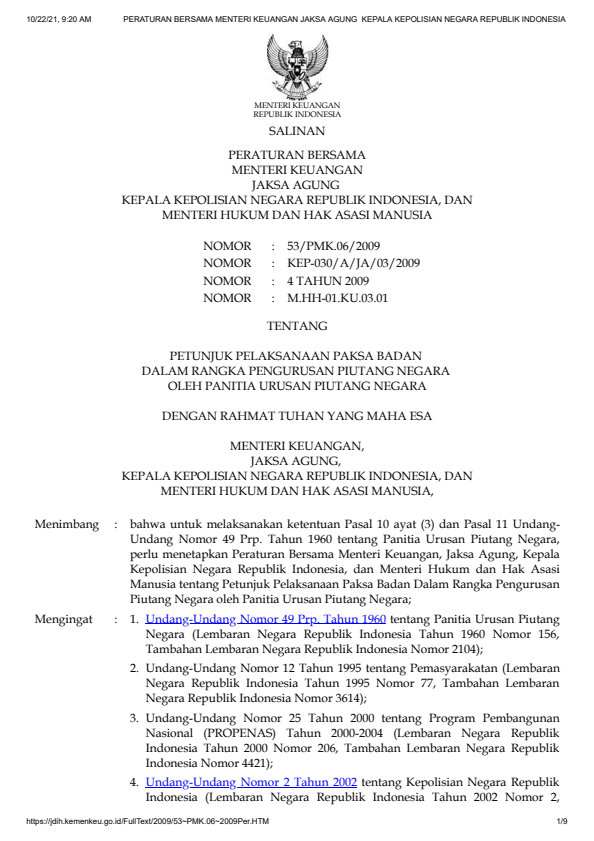 Peraturan Menteri Keuangan Nomor 53/PMK.06/2009