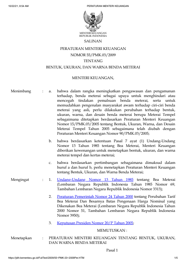 Peraturan Menteri Keuangan Nomor 55/PMK.03/2009