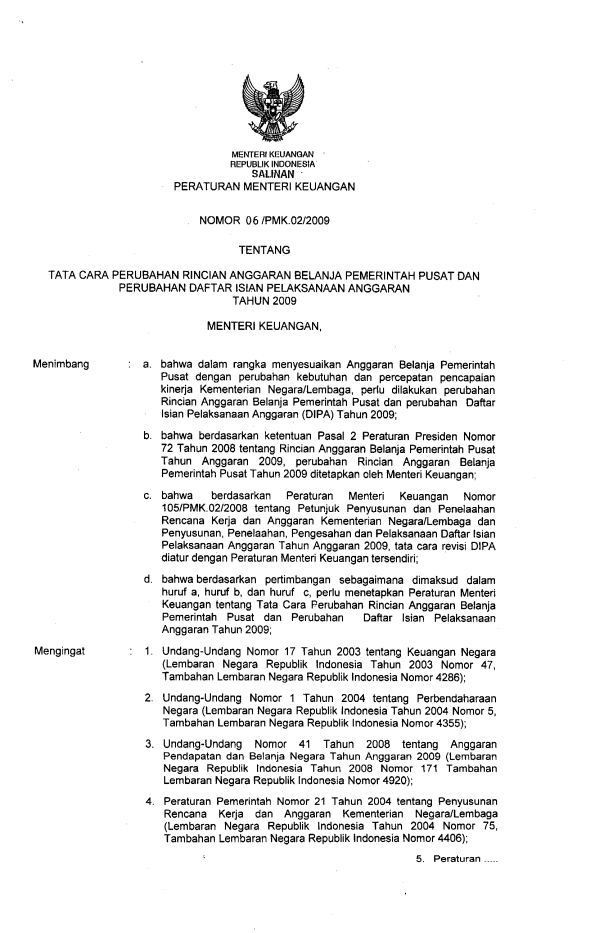 Peraturan Menteri Keuangan Nomor 06/PMK.02/2009