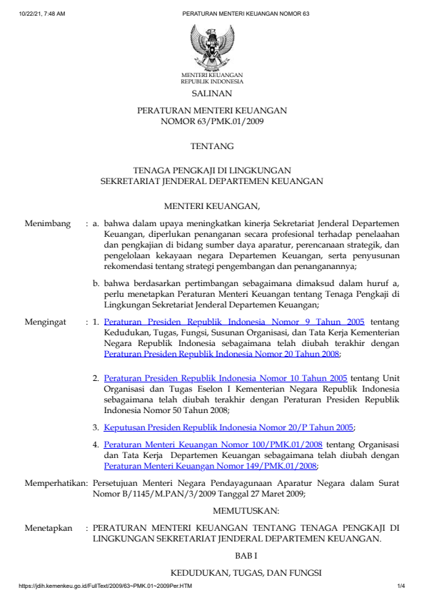 Peraturan Menteri Keuangan Nomor 63/PMK.01/2009