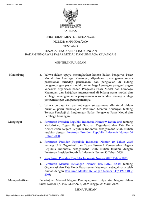 Peraturan Menteri Keuangan Nomor 64/PMK.01/2009