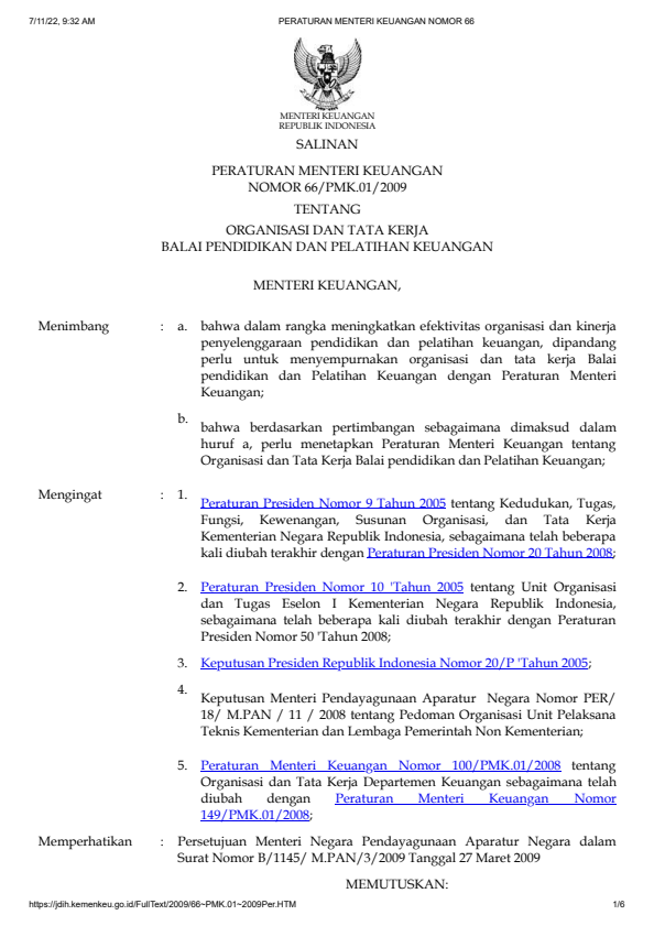 Peraturan Menteri Keuangan Nomor 66/PMK.01/2009