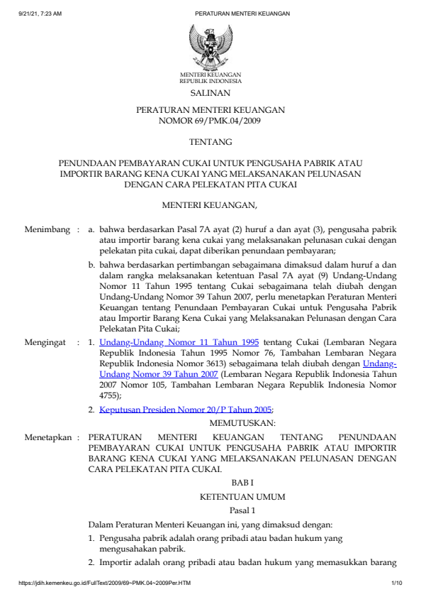 Peraturan Menteri Keuangan Nomor 69/PMK.04/2009