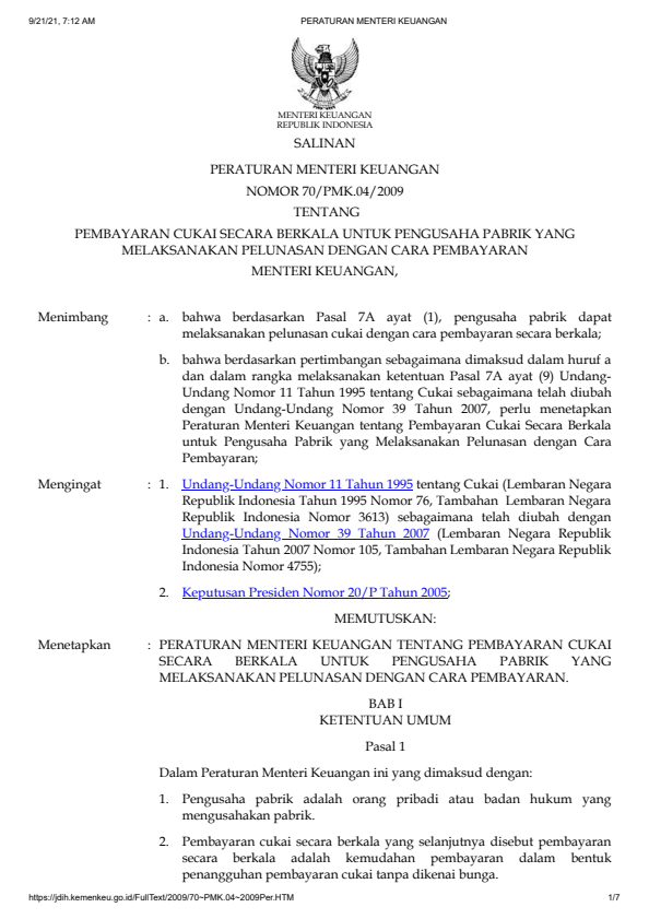 Peraturan Menteri Keuangan Nomor 70/PMK.04/2009