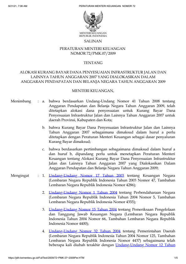 Peraturan Menteri Keuangan Nomor 72/PMK.07/2009