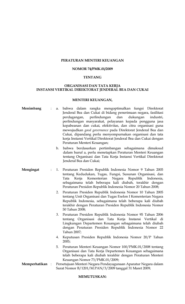 Peraturan Menteri Keuangan Nomor 74/PMK.01/2009