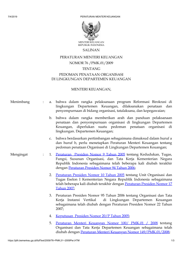 Peraturan Menteri Keuangan Nomor 76/PMK.01/2009