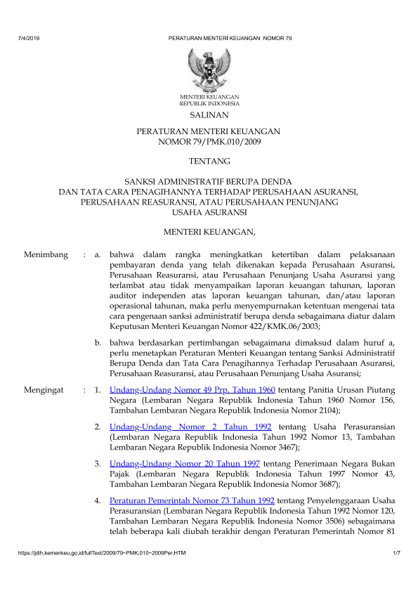 Peraturan Menteri Keuangan Nomor 79/PMK.010/2009