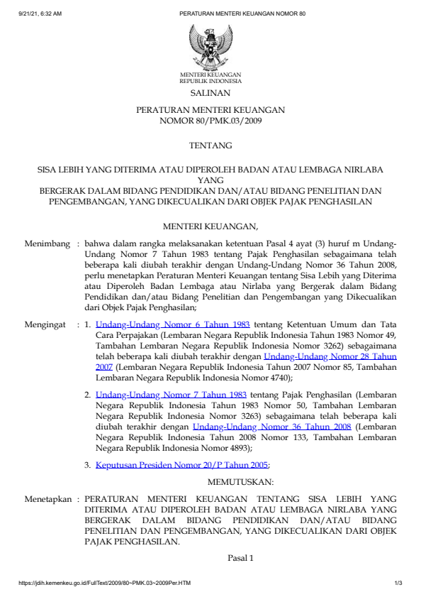 Peraturan Menteri Keuangan Nomor 80/PMK.03/2009