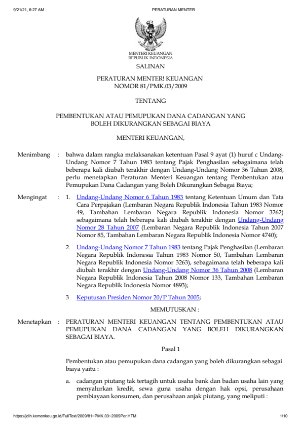 Peraturan Menteri Keuangan Nomor 81/PMK.03/2009