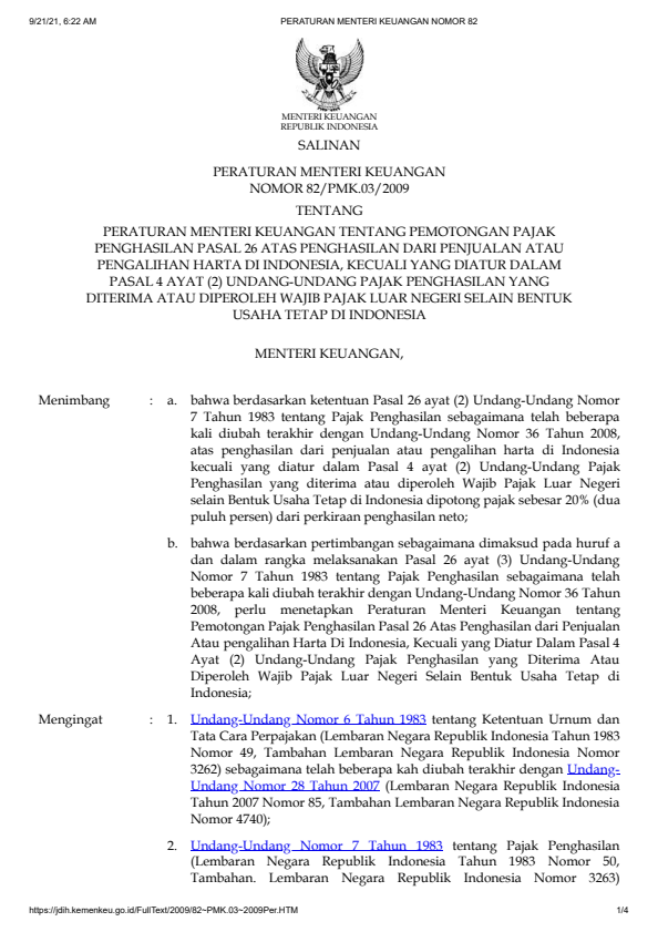 Peraturan Menteri Keuangan Nomor 82/PMK.03/2009