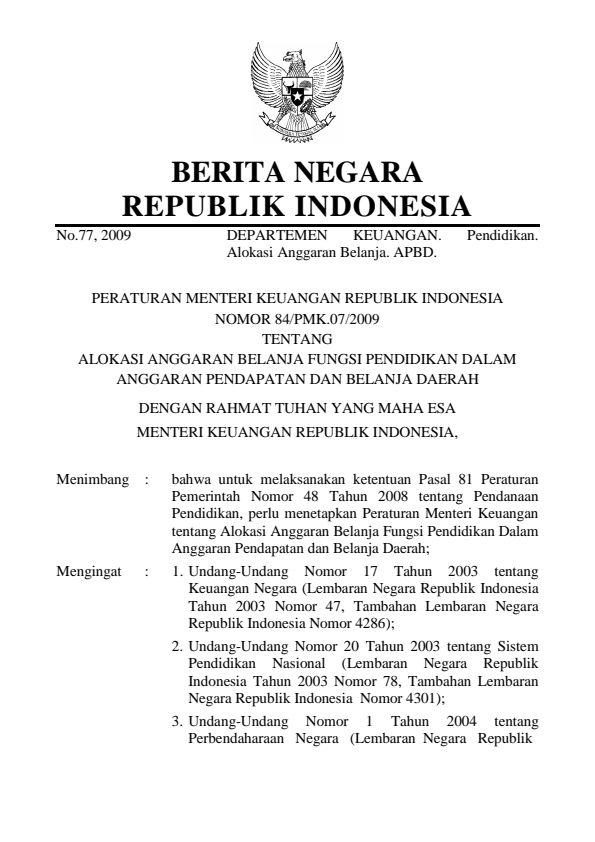 Peraturan Menteri Keuangan Nomor 84/PMK.07/2009