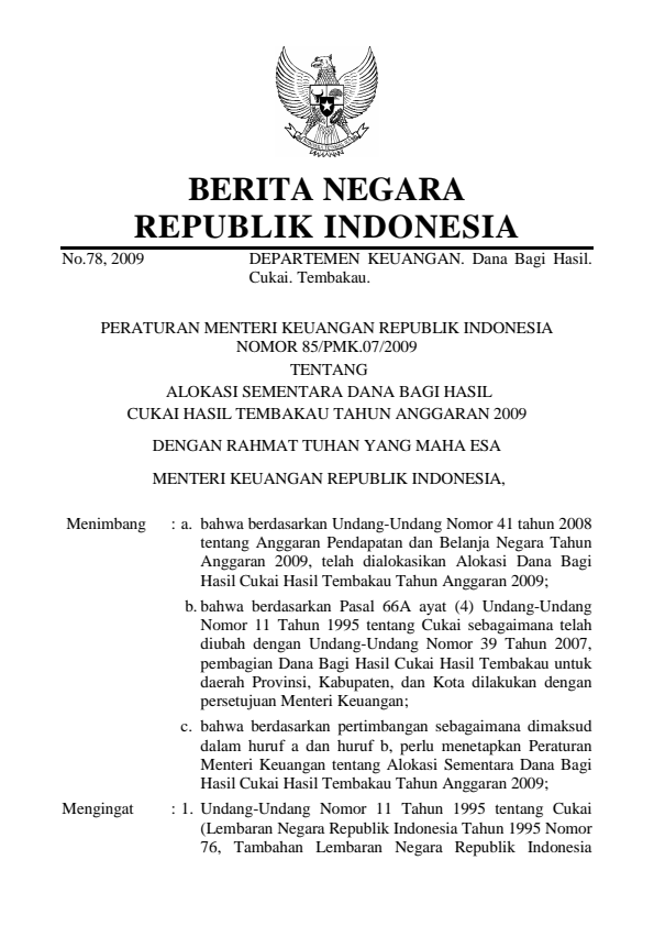 Peraturan Menteri Keuangan Nomor 85/PMK.07/2009