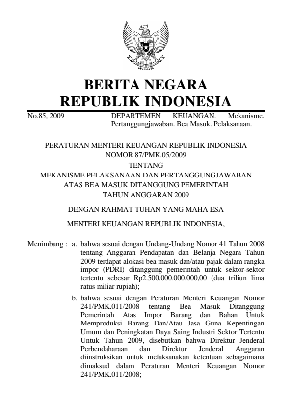 Peraturan Menteri Keuangan Nomor 87/PMK.05/2009