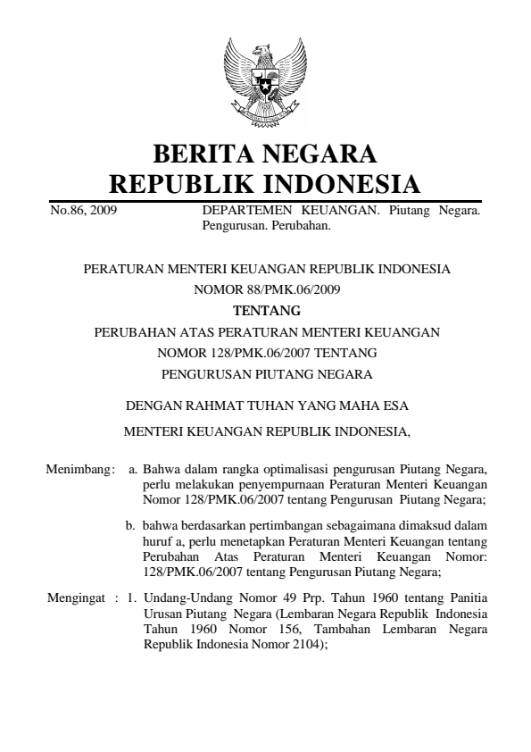 Peraturan Menteri Keuangan Nomor 88/PMK.06/2009