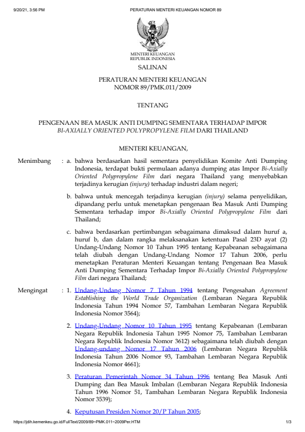 Peraturan Menteri Keuangan Nomor 89/PMK.011/2009