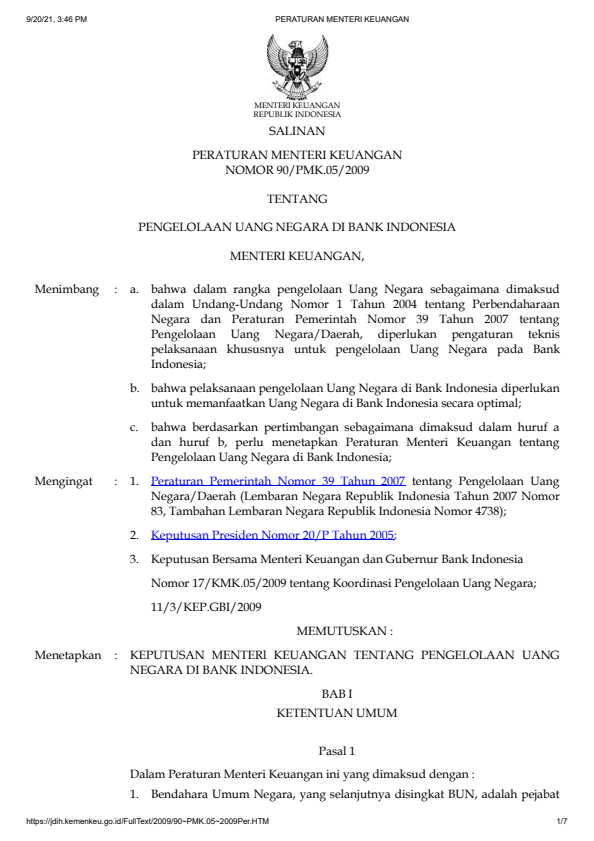 Peraturan Menteri Keuangan Nomor 90/PMK.05/2009