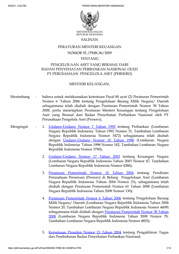 Peraturan Menteri Keuangan Nomor 92/PMK.06/2009