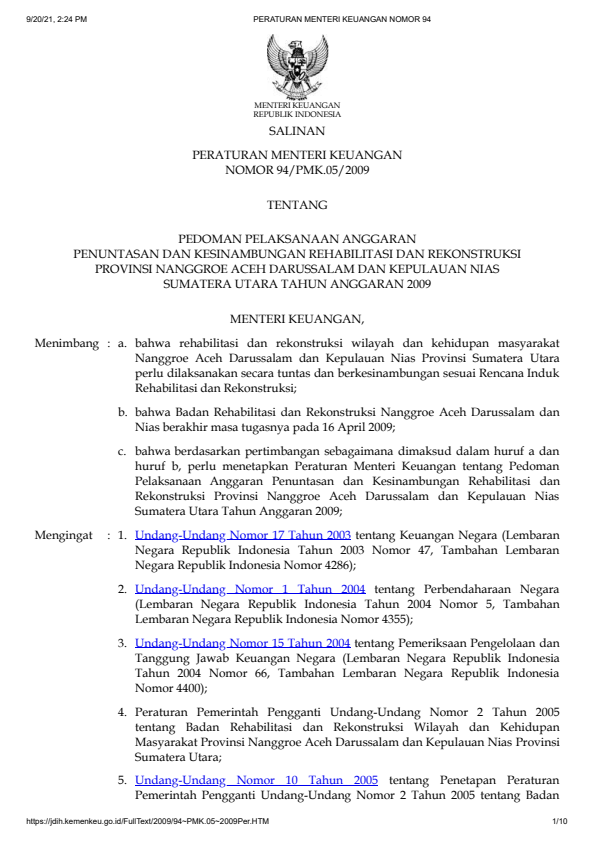 Peraturan Menteri Keuangan Nomor 94/PMK.05/2009