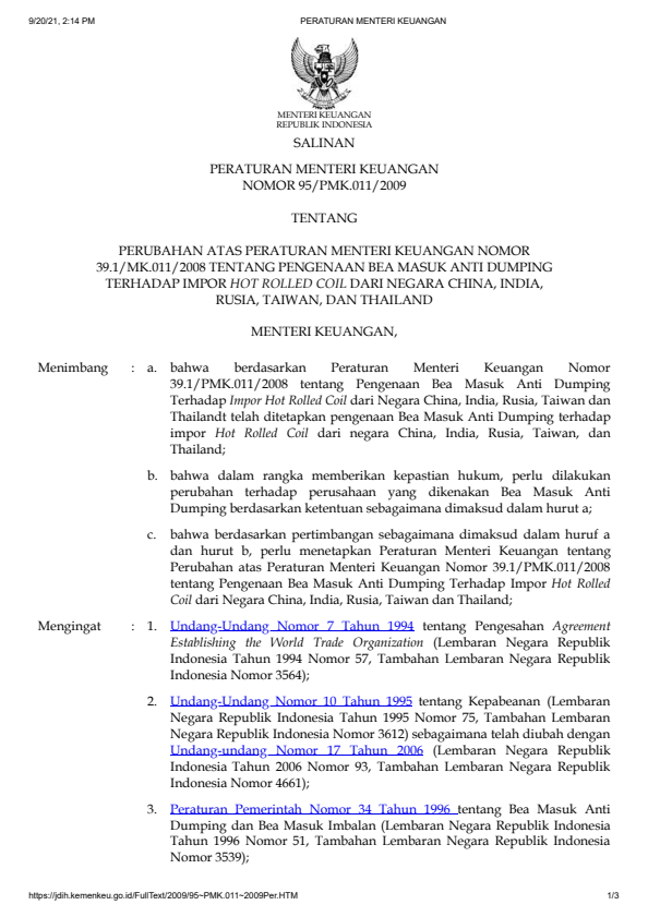 Peraturan Menteri Keuangan Nomor 95/PMK.011/2009