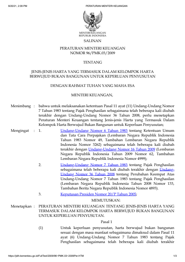 Peraturan Menteri Keuangan Nomor 96/PMK.03/2009