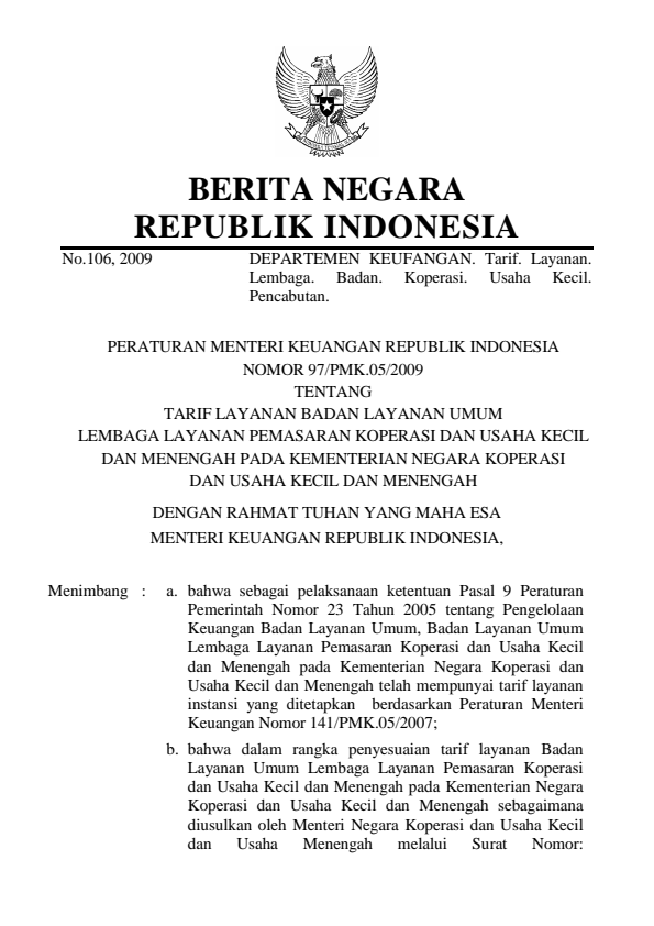 Peraturan Menteri Keuangan Nomor 97/PMK.05/2009