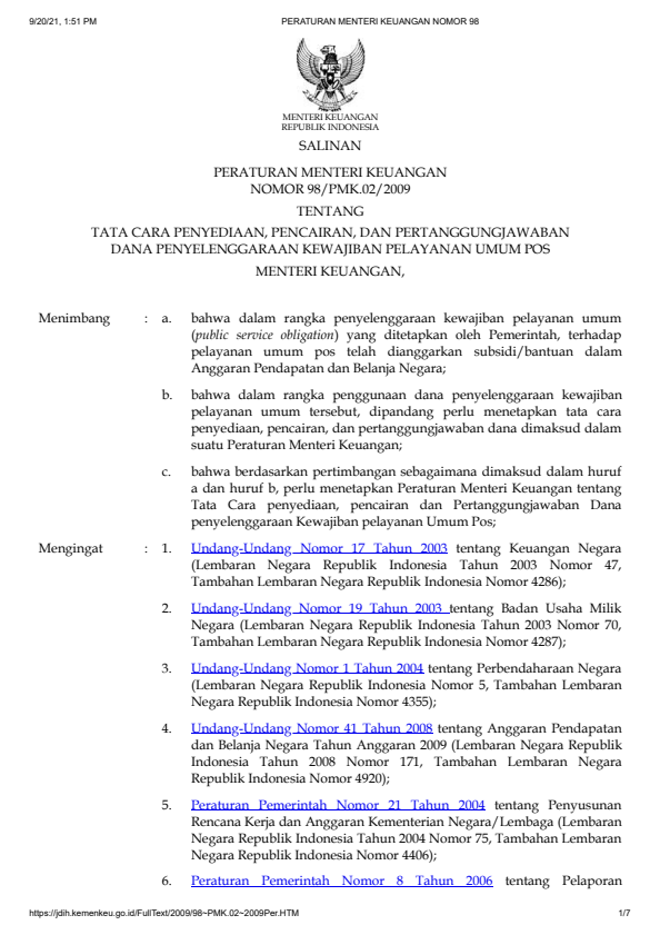 Peraturan Menteri Keuangan Nomor 98/PMK.02/2009