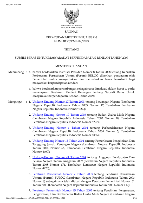 Peraturan Menteri Keuangan Nomor 99/PMK.02/2009