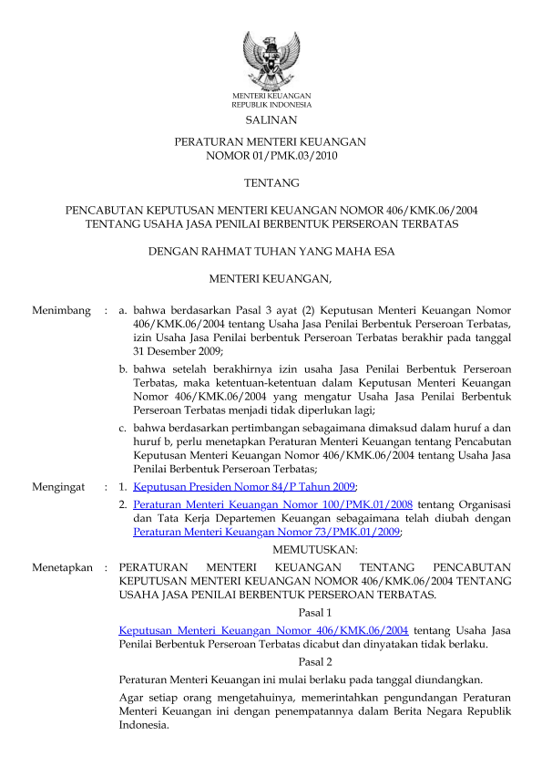 Peraturan Menteri Keuangan Nomor 01/PMK.01/2010