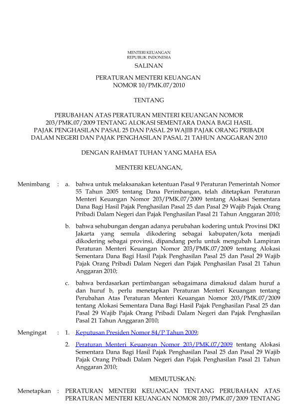 Peraturan Menteri Keuangan Nomor 10/PMK.07/2010