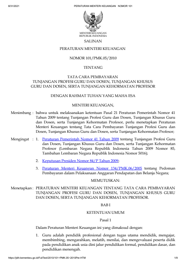 Peraturan Menteri Keuangan Nomor 101/PMK.05/2010