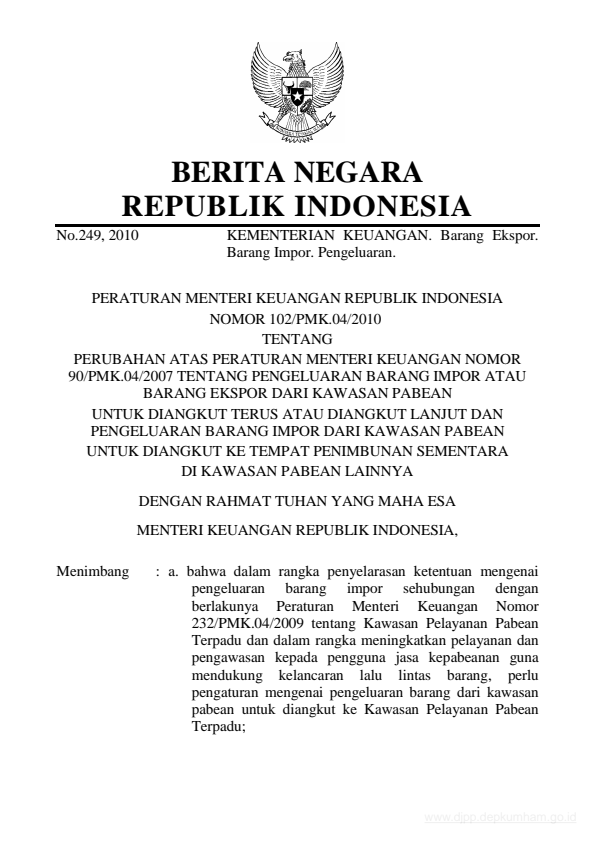 Peraturan Menteri Keuangan Nomor 102/PMK.02/2010