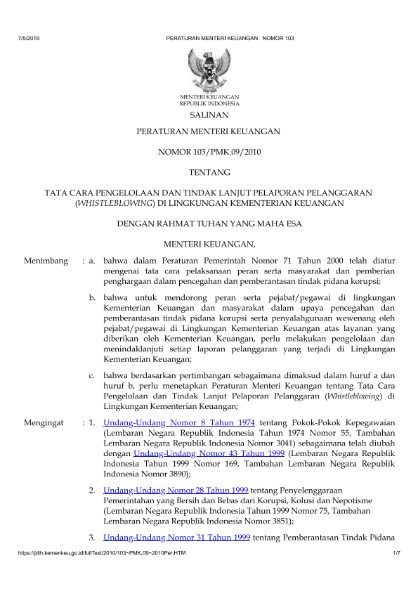 Peraturan Menteri Keuangan Nomor 103/PMK.09/2010