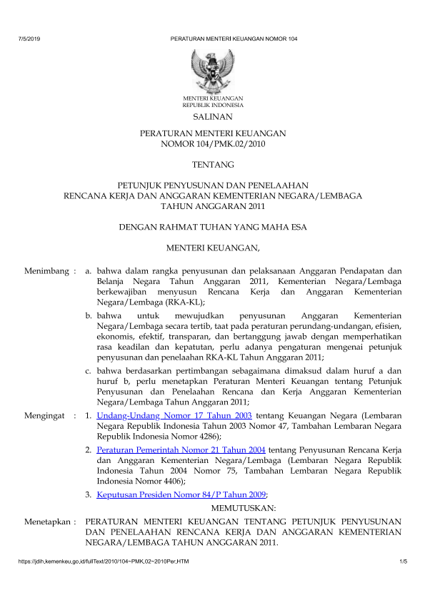 Peraturan Menteri Keuangan Nomor 104/PMK.02/2010