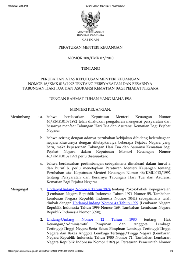 Peraturan Menteri Keuangan Nomor 108/PMK.02/2010