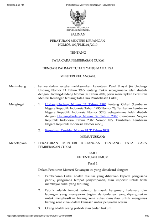 Peraturan Menteri Keuangan Nomor 109/PMK.04/2010