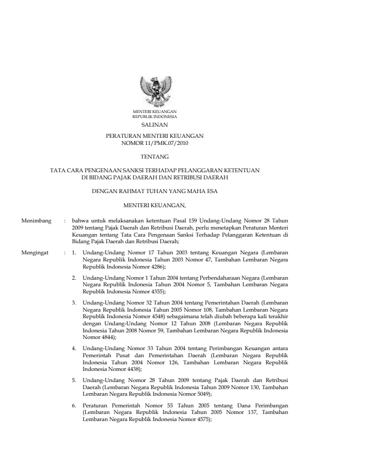 Peraturan Menteri Keuangan Nomor 11/PMK.07/2010