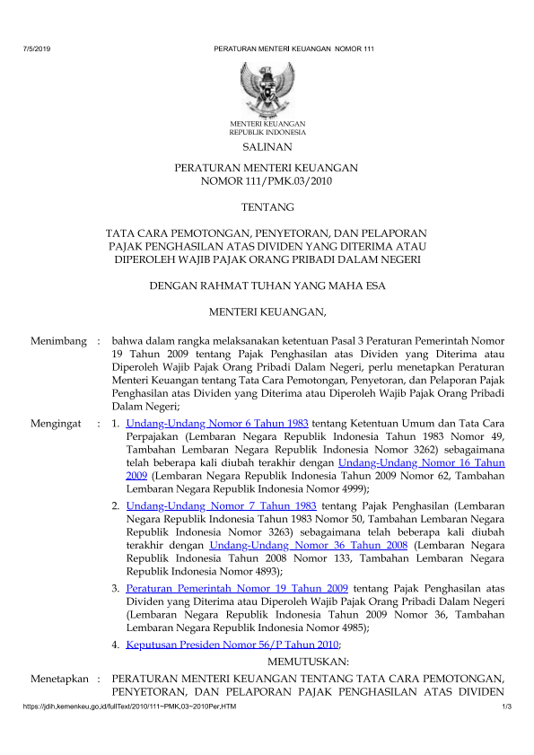 Peraturan Menteri Keuangan Nomor 111/PMK.03/2010