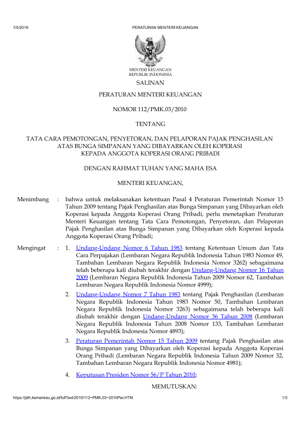 Peraturan Menteri Keuangan Nomor 112/PMK.03/2010