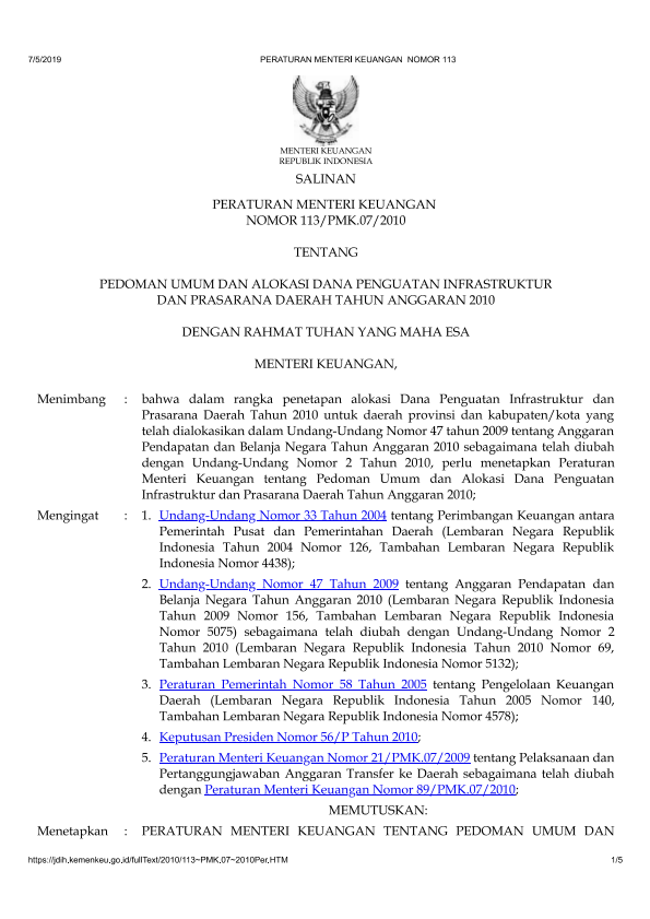 Peraturan Menteri Keuangan Nomor 113/PMK.07/2010