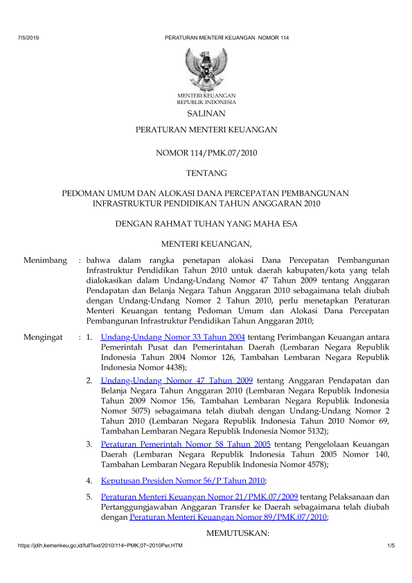 Peraturan Menteri Keuangan Nomor 114/PMK.07/2010