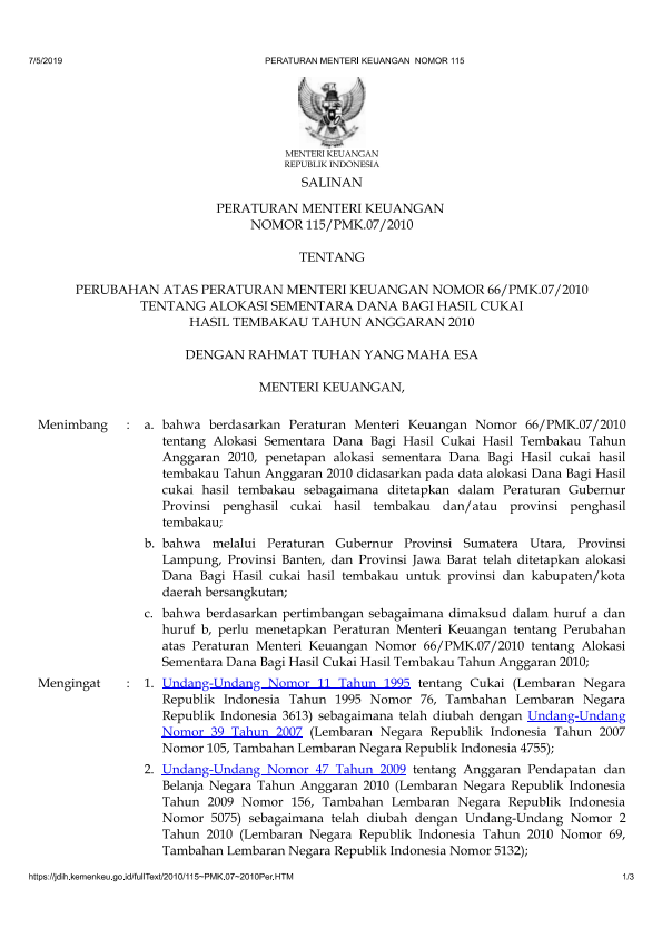 Peraturan Menteri Keuangan Nomor 115/PMK.07/2010