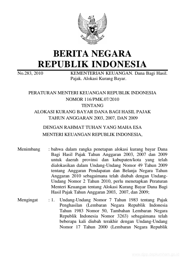 Peraturan Menteri Keuangan Nomor 116/PMK.07/2010