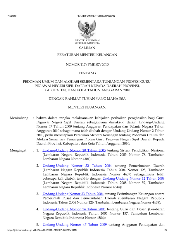 Peraturan Menteri Keuangan Nomor 117/PMK.07/2010