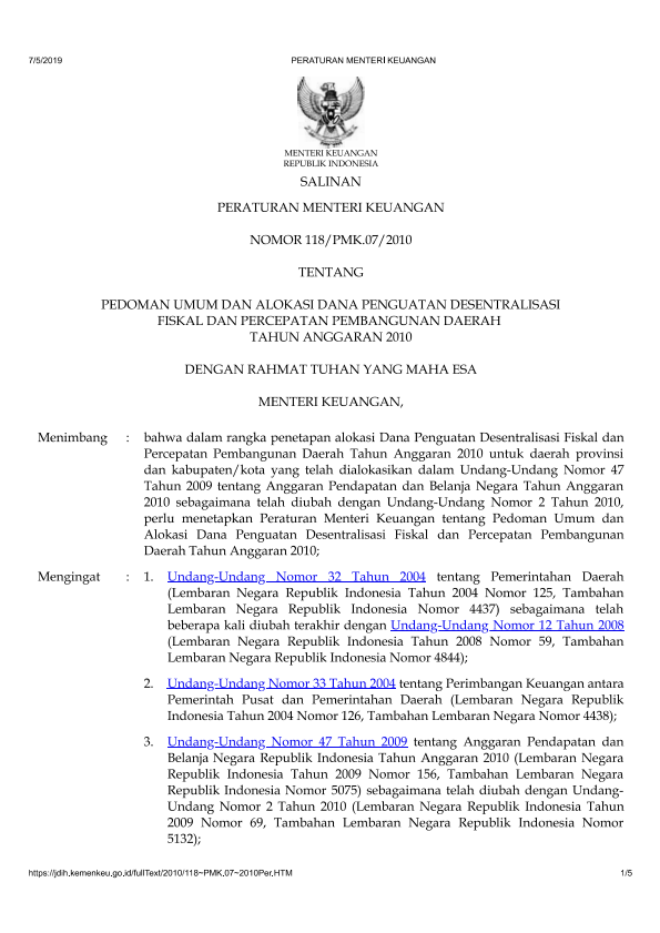 Peraturan Menteri Keuangan Nomor 118/PMK.07/2010